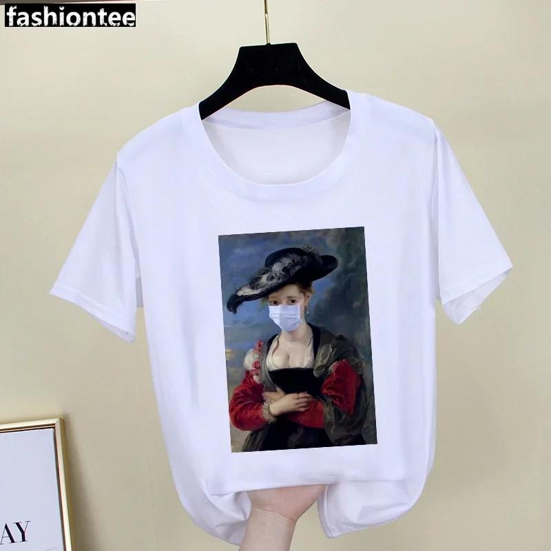 Parody Retro Oil Painting Print Ladies Simple Loose White Round Neck Short Sleeve T-shirt Women Clothing Graphic Tops Harajuku