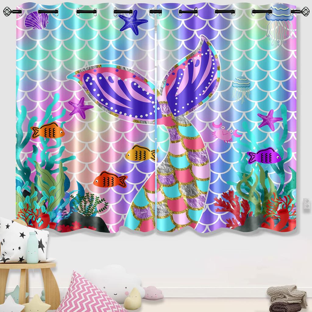 Bed Chamber Blackout Style Drapes Ombre Beauty Mermaid Fish Scale Thermal Insulated Room Darkening Drapes for Living Area Room Drapes