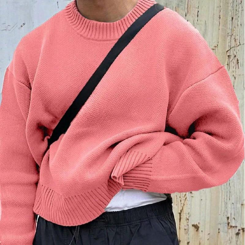 Mens Solid Color Crewneck Knit Sweater Loose Fit Long Sleeve Casual Pullover Youth Fashion