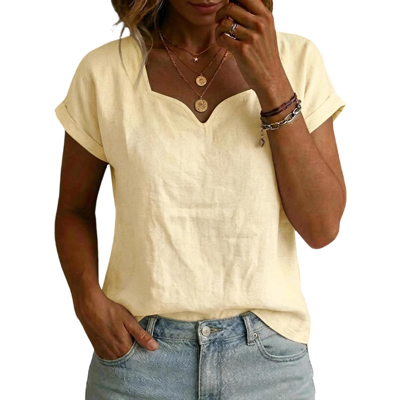 

Women Casual Short Sleeve Top Heart Neckline Lightweight Blouse Relaxed Fit Summer Shirt S жовтий