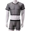 Men Sexy Crop Tops Transparent Fishnet Boxers Set Mesh Lingerie Man T-Shirt Hollow Out Net Clubwear Silvery Shine