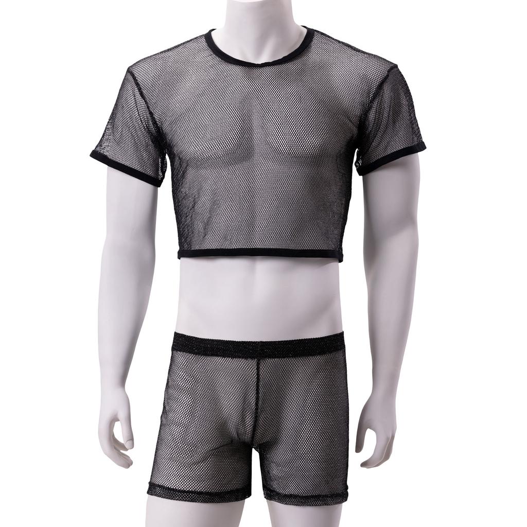 Men Sexy Crop Tops Transparent Fishnet Boxers Set Mesh Lingerie Man T-Shirt Hollow Out Net Clubwear Silvery Shine