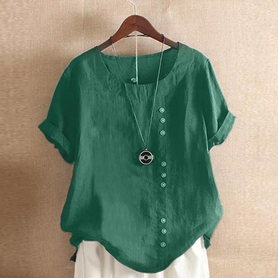 Woman Tops Round Neck Short Sleeves Solid Color Pullover Breathable Casual Wear Oversize Summer Loose Cotton Linen Leisure Shirt Women Clothes