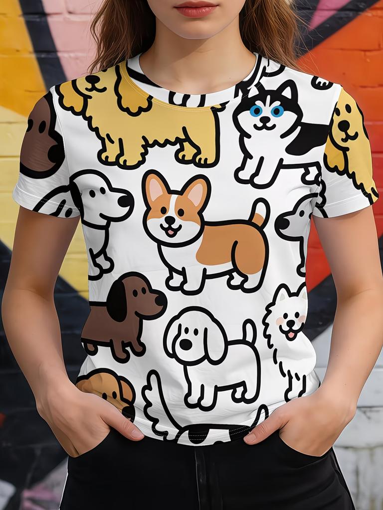 Damen Niedliche T-Shirts Rundhals Kurzarm Cartoon Hund Druck T-Shirt Damen Outfits Lässig Tägliche Kleidung