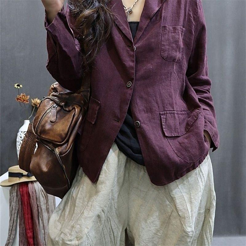 Veste d'été en chanvre littéraire pour femmes, manches longues, boutonnage simple, respirante, en coton et lin, vêtement d'extérieur décontracté