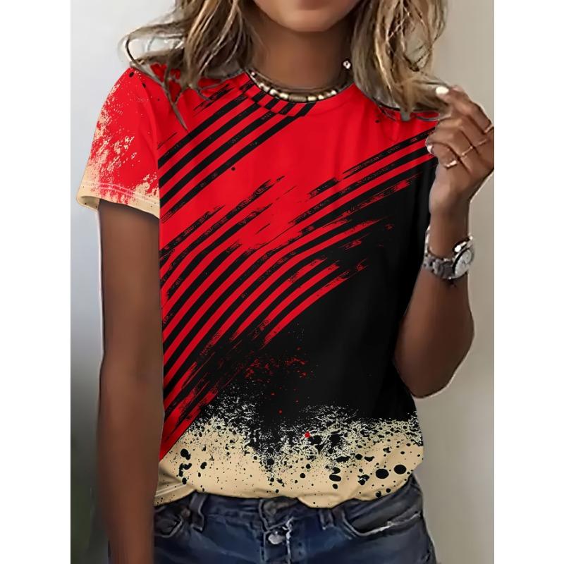 

Summer New Women s Short-sleeved T-shirt, Contrasting Red and Black Colors, Splash-ink Effect, Retro and Avant-garde Style - Polyester Fiber S