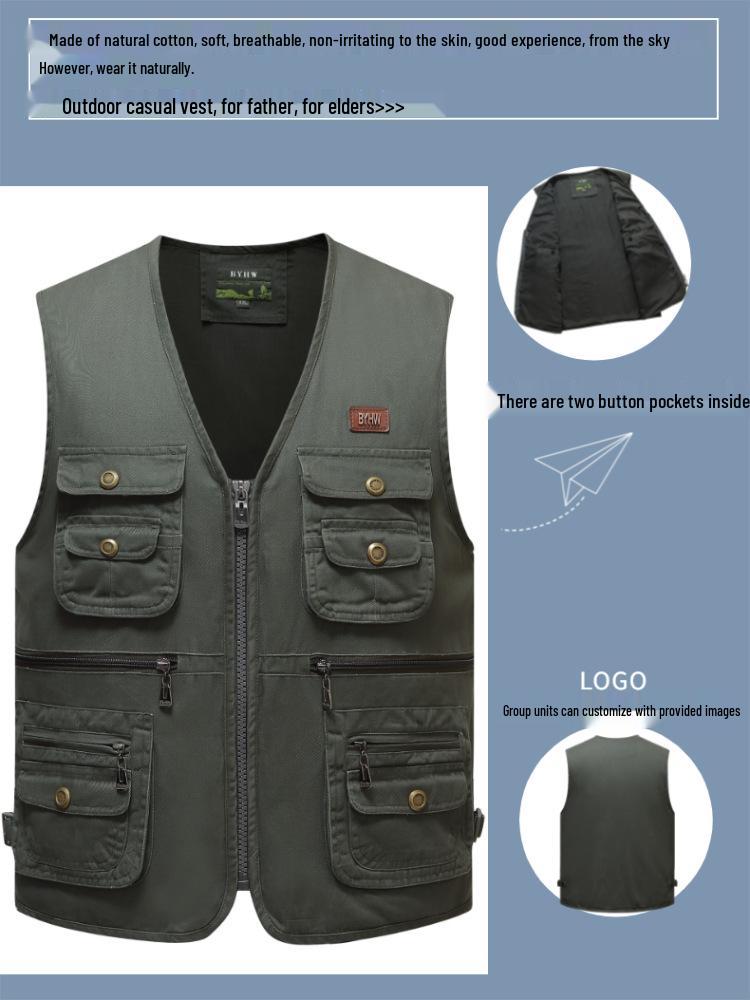 Vestă Militară Verde cu Buzunare Multiple fără Mâneci - Top Casual cu Fermoar Mărimi Mari pentru Toate Sezoanele