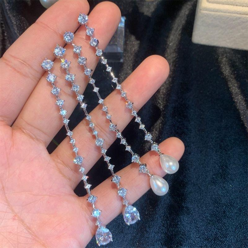 ZAKOL Elegant Imitation Zircons Long Dangle Earrings for Women Sliver Color Luxury Wedding Zircon Bridal Ear Accessories