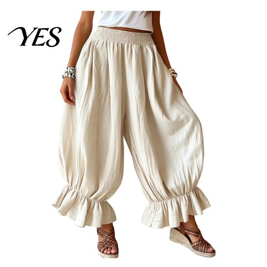 Commuting Pants Women Bloomers, High Elastic Waistband Wide Leg Trousers, Bohemian Ruffled Adjustable Waist Balloon Cuffs Super Loose Harem for Casual