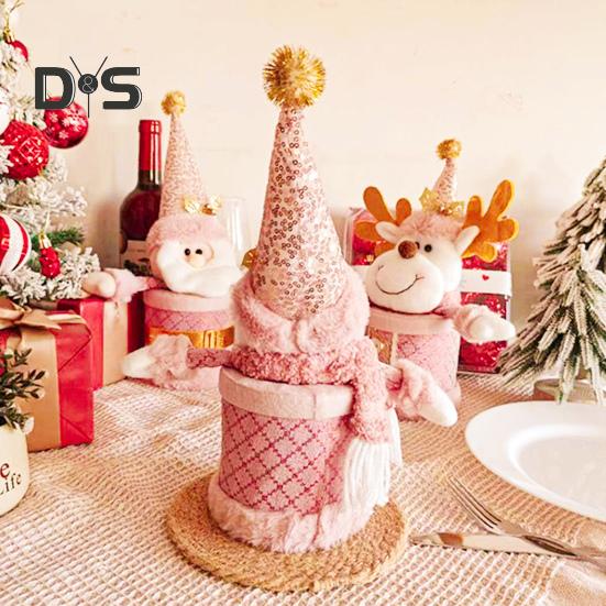 Christmas Candy Jar Christmas Plush Santa/Snowman/Elk Candy Holder Pink Candy Storage Box Fruit Packaging Jar for Home Decor