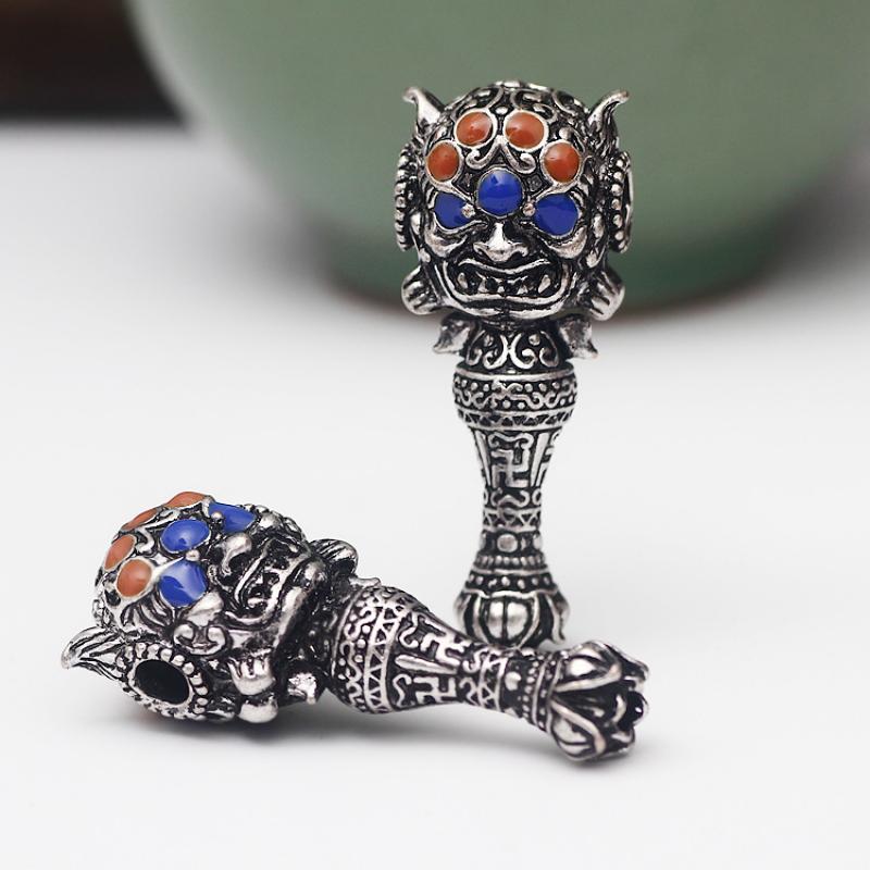 43Mm Old Chinese Miao Silver Mahakala Wrathful Deity Buddha Head Amulet Pendant