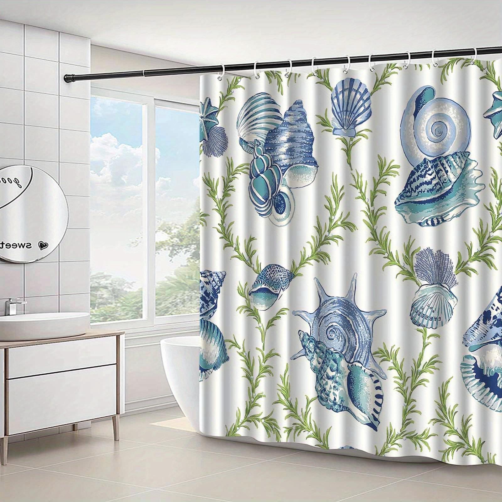 Штора с ракушками и растениями, Сине-белая морская, Моющаяся, Прибрежная тематика, Крючки W90xH180cm