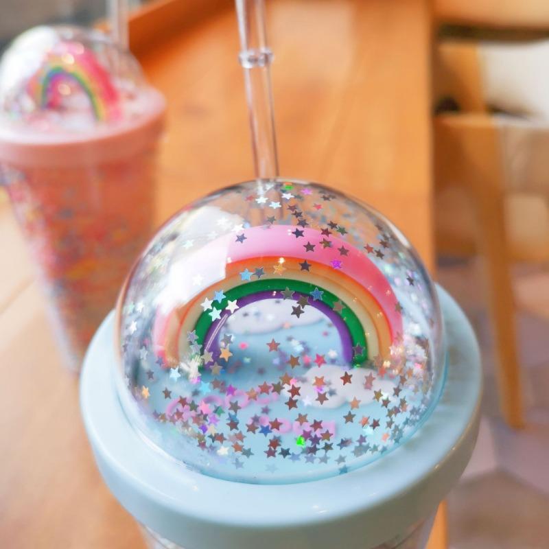Cartoon Adorable Rainbow Cup with Straw Double Plastic BPA Free Woman Girl Water Bottle for Juice Milk Coffee 500ml Drinking Tumbler