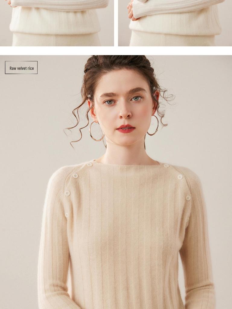 Gentle Temperament Women's Ribbed Cashmere Pullover - Versatile Autumn/Winter Sweater Top