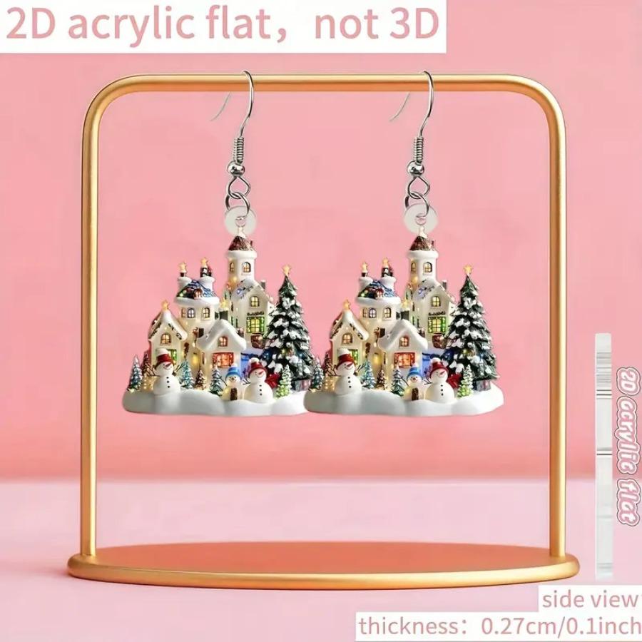 Cross-border New Product Castle Earrings 2D Acrylic Christmas Party Snow House Christmas House Christmas Tree Earrings Ornament