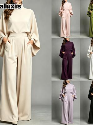 Women's Autumn Winter Long Sleeve Wide Leg Set Loose Fashion Over Size Thick Casual Two Piece Outfit