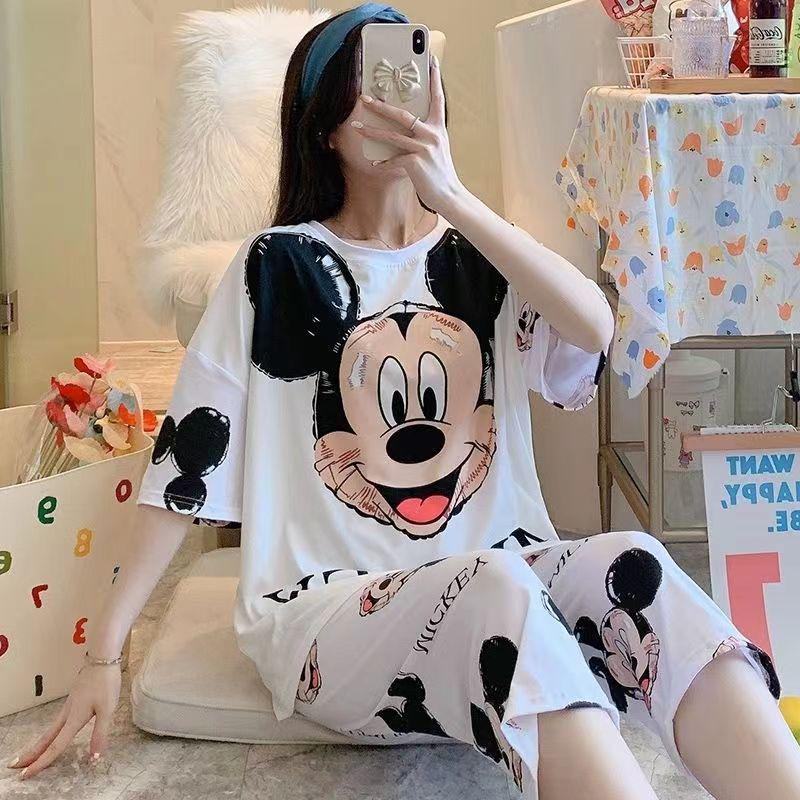 Korean Style Women's Summer Pajama Set – Imitation Cotton, Short Sleeve, Capri Pants, Thin, Cute, Plus Size