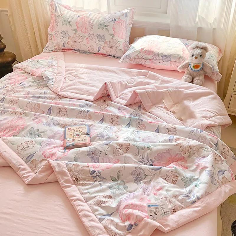 Fashion Flower Print Cool Blanket for Summer Light Skin Friendly Air Conditioner Comforter Single Double Bed Home Decor Quilt