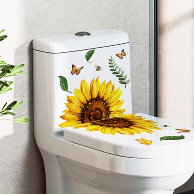 1 Sheet Toilet Sticker Detachable Waterproof Traceless Sunflower Leaf Butterfly Pattern Toilet Sticker Decal Bathroom Supply
