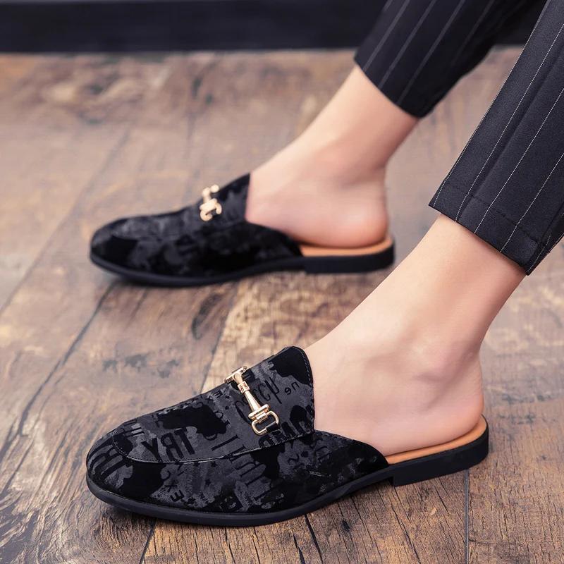 Men Shoes Black Men Half Slippers High Quality Men Leather Casual Shoes Loafers Flip Flops Lightweight Flats Sandals Masculino