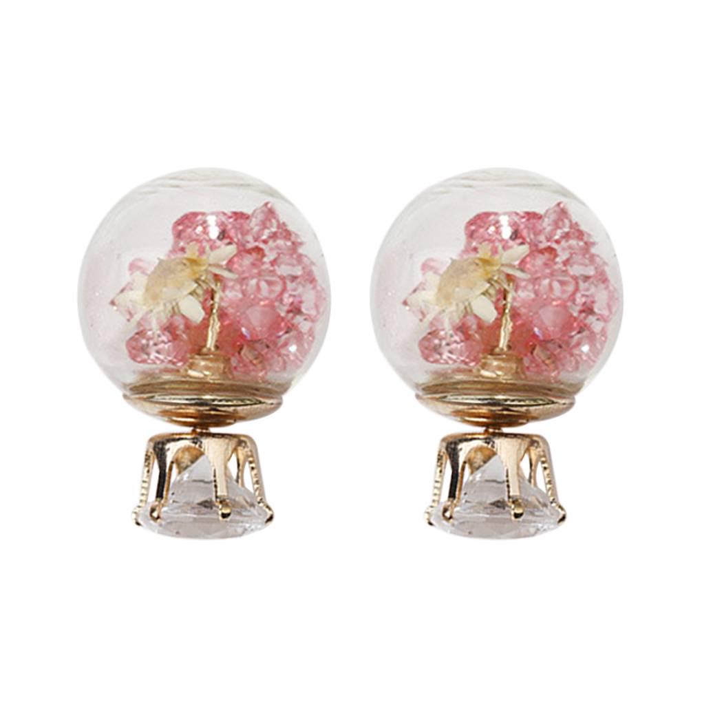 

Women Girls Double Side Dry Flower Rhinestone Glass Stud Earrings Crystal Ball Ear Pin Jewelry Accessories розовый