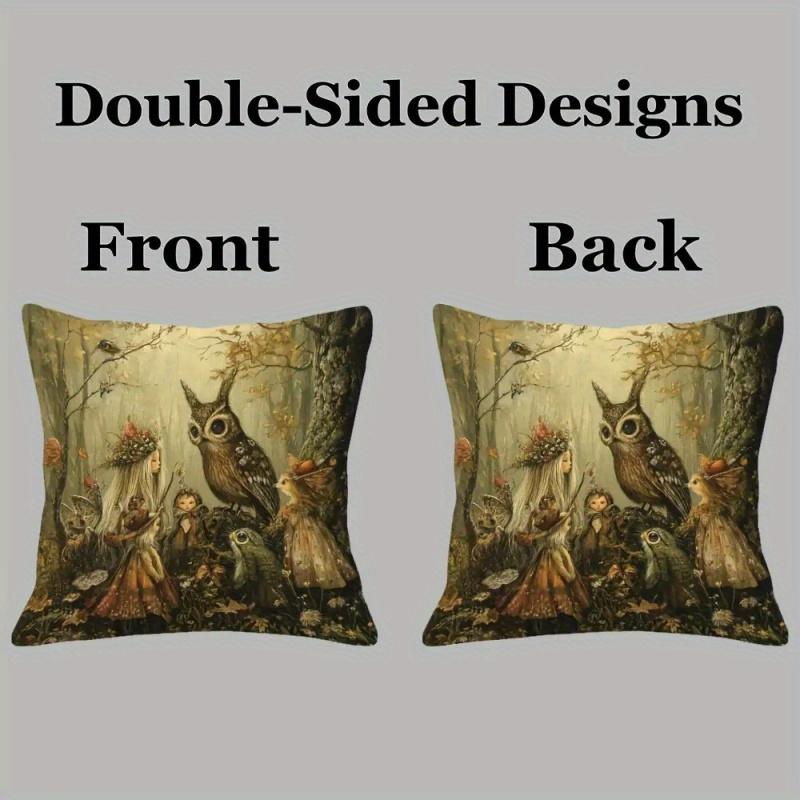 Vikama Enchanted Forest Folk-Style Pillowcase Whimsical Owl Autumn Scenery Decorative Sofa Cover Cushion Case