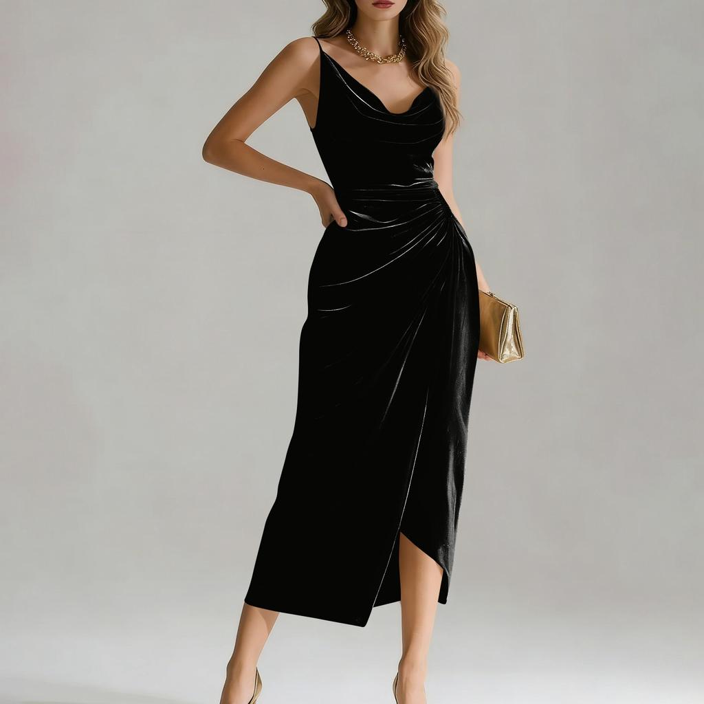 Modna i casualowa damska welurowa sukienka bez rękawów z długim rozcięciem, podkreślająca figurę