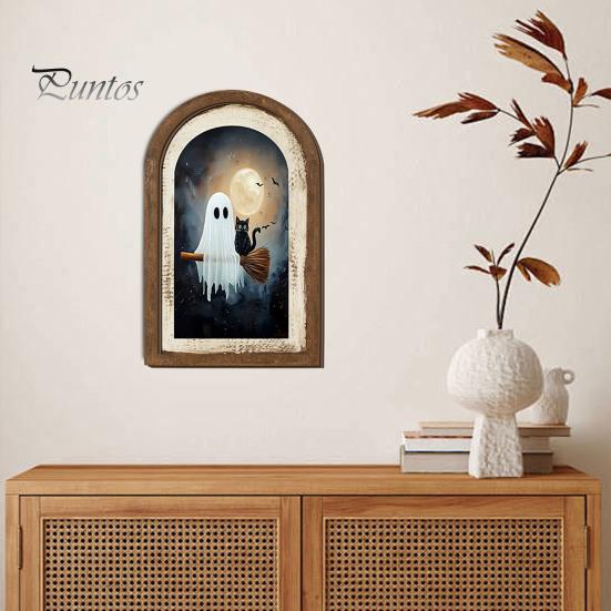Cute Ghost Arch Shaped Sign Halloween Wall Decor, Table Sign, Vintage Framed Fall Season Decorative Accent Picture, Art for Mantel Living Room Bedroom