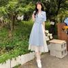 Summer French Women's Fake Two-Piece Shirt Dress V Neck Waist Slim Long Elegant Literary Dress