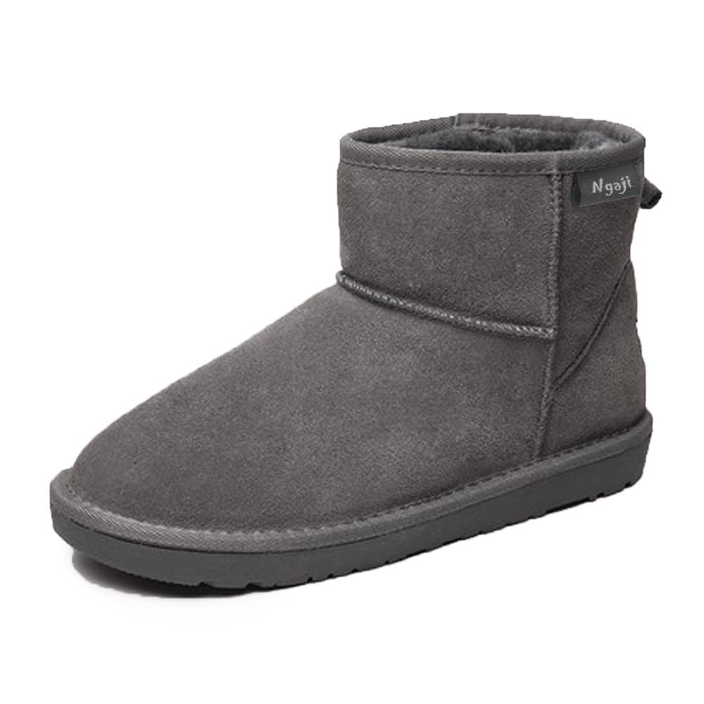 Sheepskin Genuine Cowhide and Sheep Short Boots with Warm Fur Fluffy Waterproof and A11 [N Gaji] Women's Boots, Fur, Lining, Non-Slip Sole, (Gray,