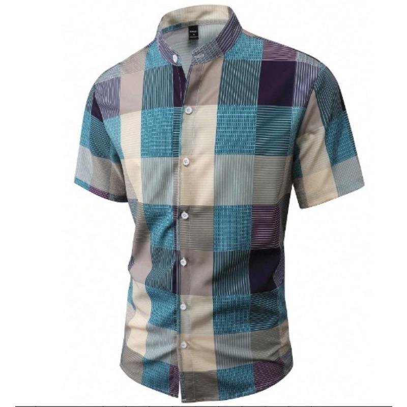 Men s Plaid Stand Collar Short Sleeve Button Down Casual Shirt S синий