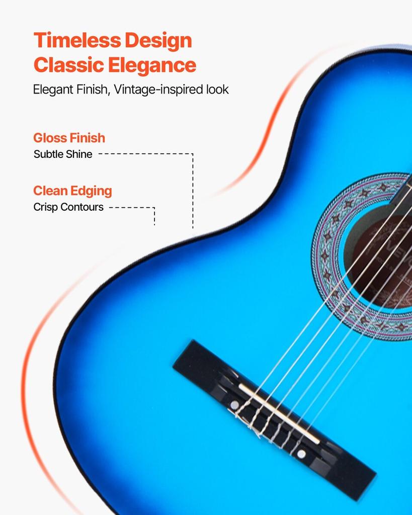 Classical Guitar, 960 mm, Wood Classical Guitar Starter Kit for Beginners, with Nylon Strings, Gig Bag, Strap, Tuner, Extra Strings, Picks, Capo,