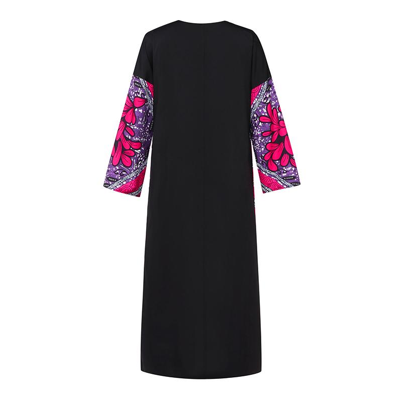 Rochii largi imprimate cu mâneci lungi, cu gât rotund, mărimi Plus