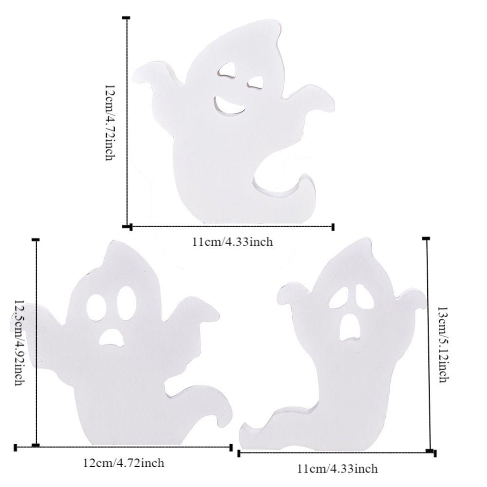 3pcs/set White Ghost Festival Wooden Decoration Cartoon Cute Halloween Atmosphere Decoration Wood Durable