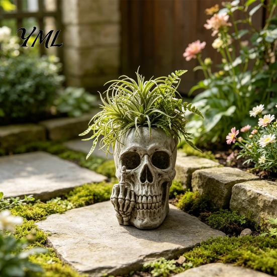 Gothic Home Ornament Skull Planter with Middle?Finger Gesture, Resin Succulent Pot, Skeleton Head Punk Style Plant Holder Flower Unique Desktop for