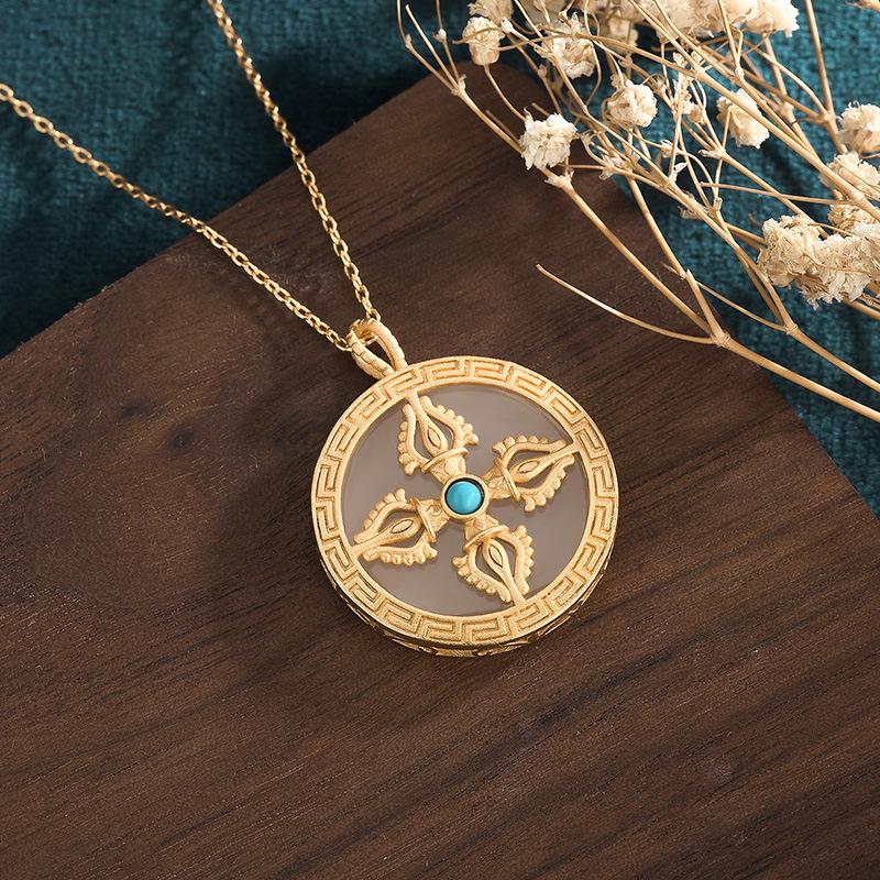 Nepalese Cross Vajra Pendant with Imitation Hetian Jade Amulet Necklace