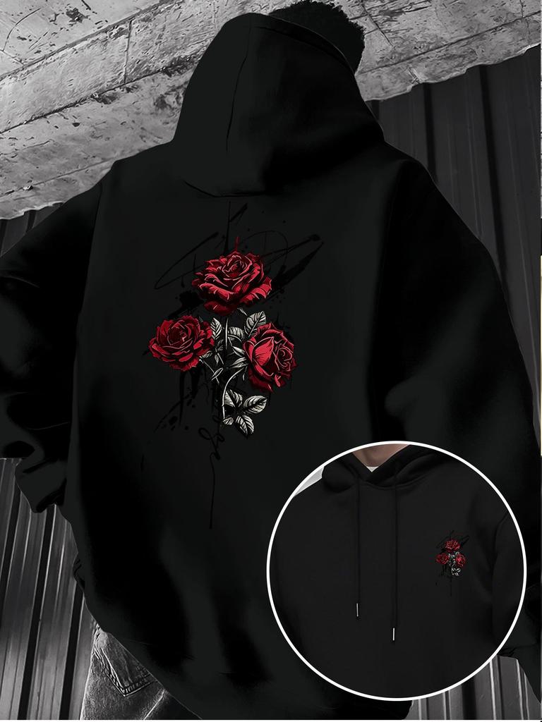 Retro Red Rose Splatter Art Print Hooded Sweatshirt for Men, High Street Niche Casual Pullover Long Sleeve Hoodie