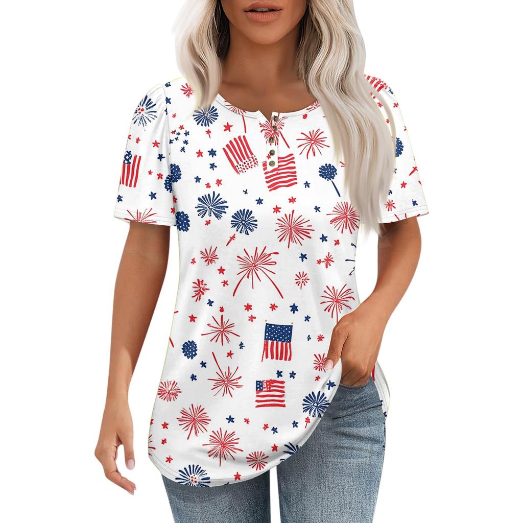 Modisches, lässiges Pullover-Oberteil mit kurzen Ärmeln und Knopfleiste und Rundhalsausschnitt für Damen