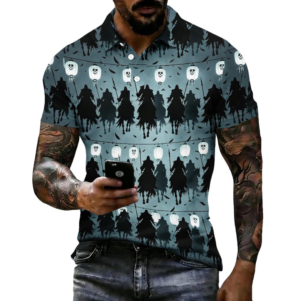 Men's Halloween Print Vintage Texture Short Sleeve Polo Shirt Loose Breathable Summer Sports Street Casual Daily Wear Top