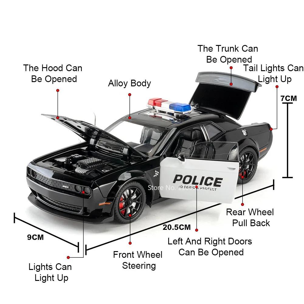 1:24 Challenger SRT Hellcat Toys Sports Cars Models Alloy Diecast Sound Light Police Car Doors Opened Vehicles Christmas Gifts