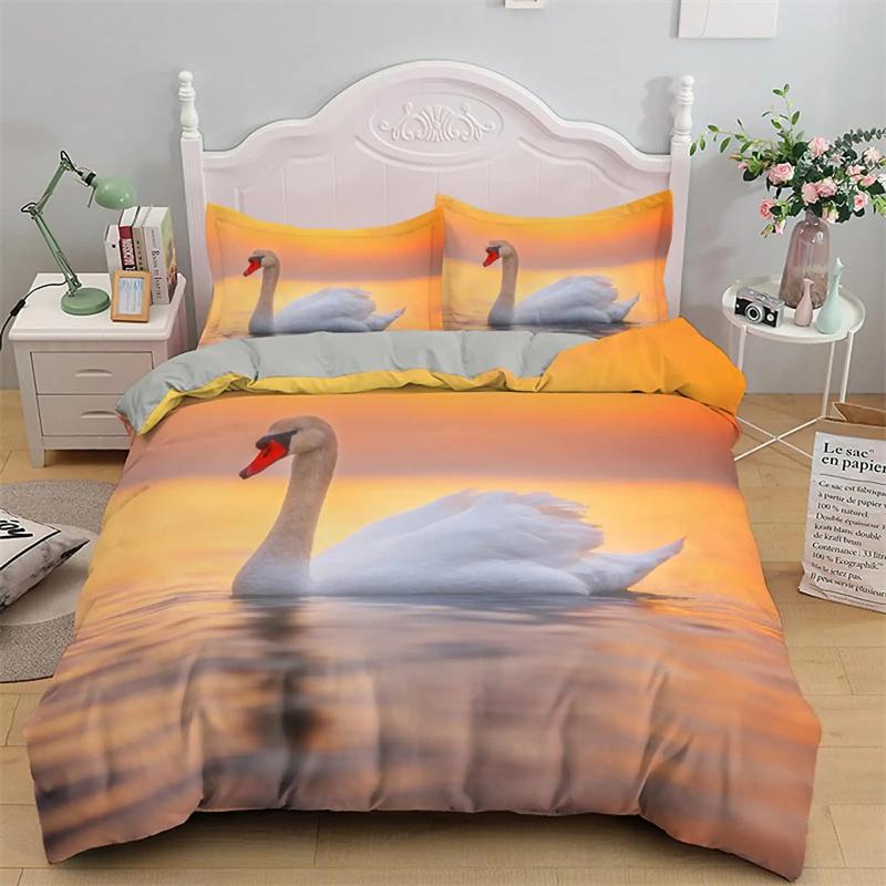 Husa de plapumă cu trandafir roșu și lebădă neagră și albă Cuvertură romantică cu flori Paturi cu animale sălbatice pentru decor cameră de zi Femeie Doamnă Nuntă