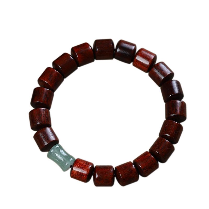 Red Sandalwood and Hetian Jade Beaded Bracelet for Men and Women - Buddhist Prayer Beads with Barrel and Bamboo Section Design.