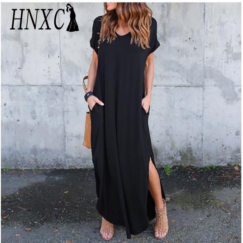 HNXC Sexy dámské šaty nadměrné velikosti 5XL letní jednobarevné ležérní maxi šaty s krátkým rukávem pro ženy dlouhé šaty dámské šaty