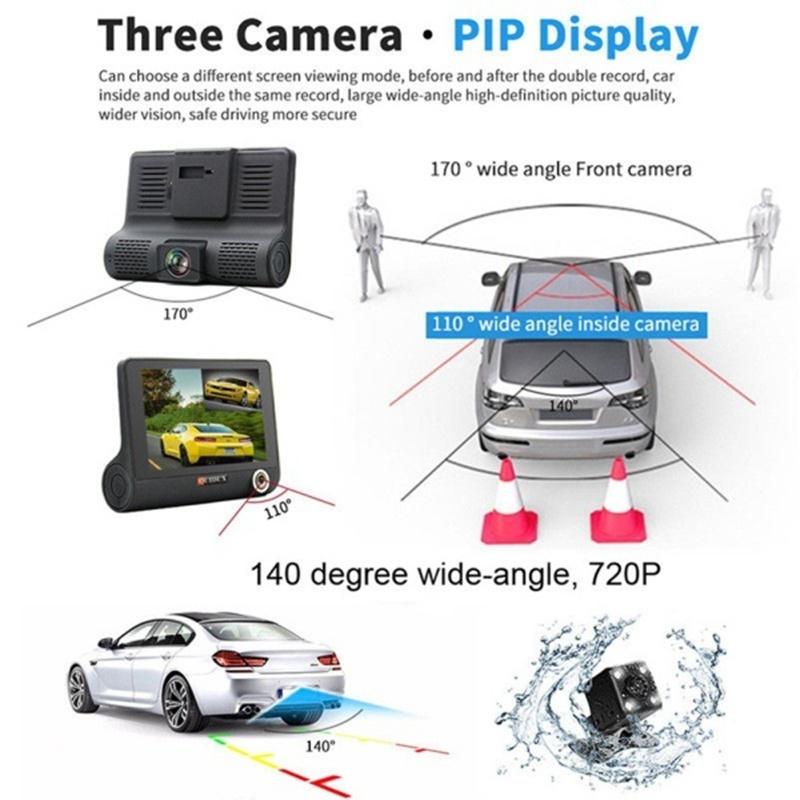 4 Inch 3 Lens Camera HD 1080P Vehicle Car DVR Dash Cam Three-way Video Recorder Rearview Camera G-sensor