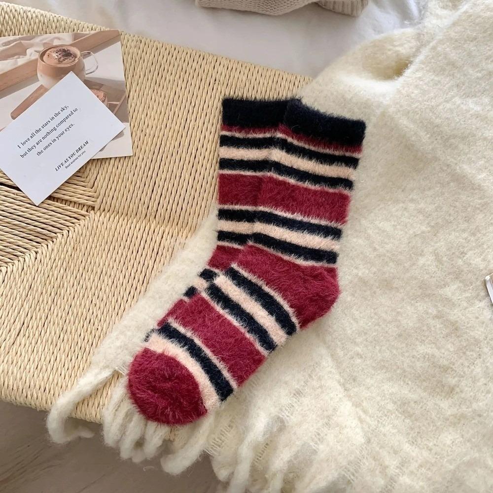 Thickened Striped Socks Plush Floor Socks New Mink Fleece Socks  Autumn Winter