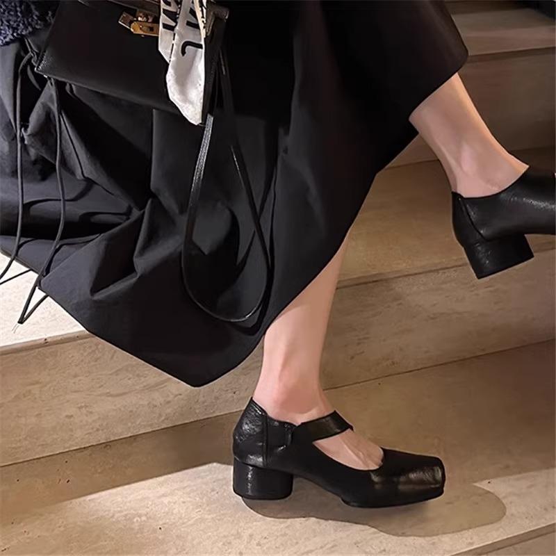 Super Soft Horse Leather~ High-end Leather Square Head Thick Heel Mary Jane Shoes Women's Autumn Retro Ballet Shoes Small Leather Shoes Single Shoes