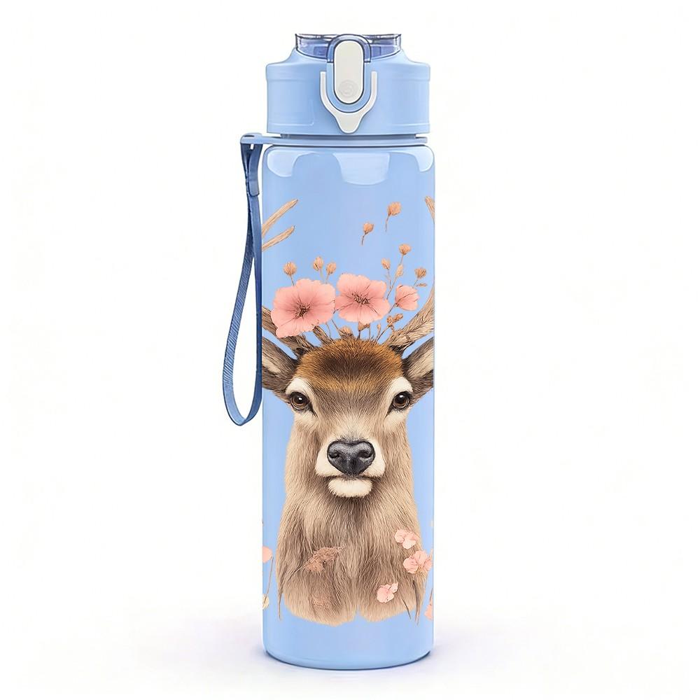 1PC Floral Deer Pattern 750ml Color Plastic Sports Water Bottle Leakproof Flip Straw Lid Suitable for Sports Office Home Use