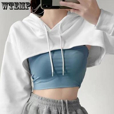 Short Hoodies Streetwear Women Solid Long Sleeve Casual Hoodied Tops Ladies Chic All-match Loose Sweatshirts