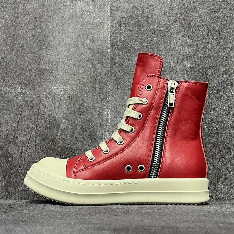 2025 High Top Shoes Men Casual Platform Women Sneakers Leather Luxury Trainers Lace Up Zip Autumn Pink Red Orange Boots
