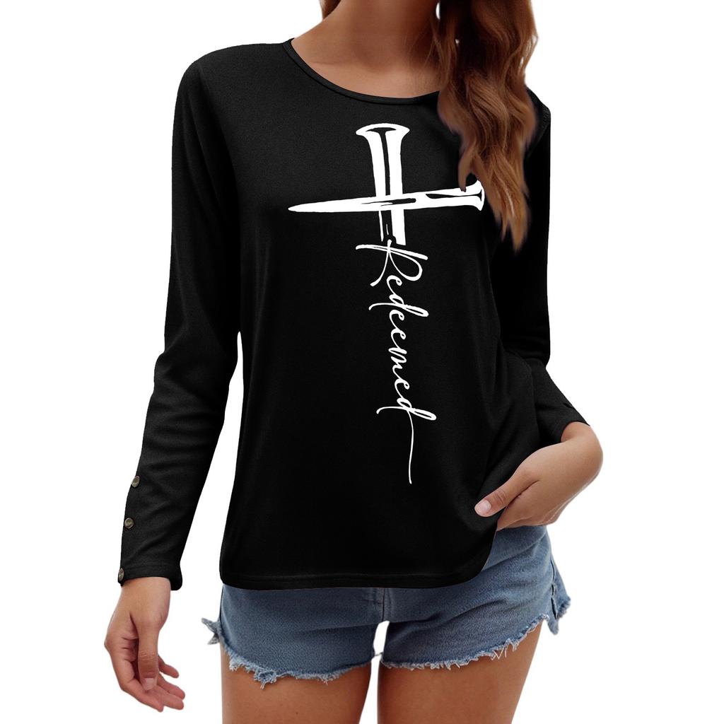 Tshirts For Women Long Sleeve,Round Sleeve Vertical Cross Casual Graphic Shirt,